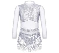 TiaoBug Vestito da Balletto Danza Classica Moderna Latino Bambina Manica Lunga Body da Danza Lirica Contemporanea Paillettes Nappa Abito da Ballerina Ballo Tango Latin Jazz Argento 5-6 Anni