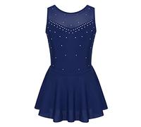 TiaoBug Vestito da Pattinaggio Artistico Bambina Abito da Balletto Body da Ballo Ballerina Skating Danza Ginnastica Leotard con Strass Tutu Senza Maniche 5-16 Anni Blu navy 13-14 anni