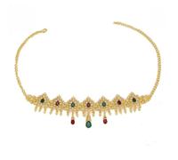 Tiara da sposa, diamanti intagliati traforati in lega dorata, cristalli a goccia, fascia con nappa, strass e cristallo