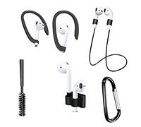 Tiardey 6 pezzi set anti-perso per auricolari wireless,con corda anti-perso per auricolari,custodia,gancio per l'orecchio,spazzola per la pulizia,borsa per moschettone per AirPods - nero