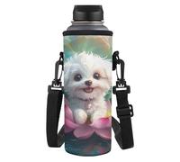 Tiasarato Borsa porta bottiglia d'acqua leggera per cuccioli, da donna, con tracolla regolabile, copertura per escursioni, passeggiate, Fiore di loto cucciolo bianco, Organizer per borse