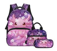 Tiasarato Set zaino per ragazze con contenitore termico per il pranzo e astuccio da 43 cm, borsa per libri per scuola di prima elementare, età 6-8 anni, Axolotl Rosa Viola, Zaini da viaggio