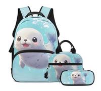 Tiasarato Set zaino per ragazze con contenitore termico per il pranzo e astuccio da 43 cm, borsa per libri per scuola di prima elementare, età 6-8 anni, Seal Blue Carino, Zaini da viaggio