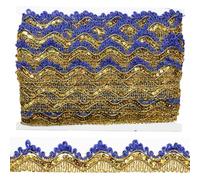 Tibaoffy Lungo 14 Yards Largo 35mm/1.37pollici Blu e Oro con Pizzo a Sequins d'Oro e Finisaggio in Gimp, nastro decorativo artigianale per articoli DIY, cucito e tessuto