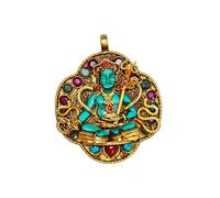 Tibetan Silver Ciondolo Padmasambhava Guru Rinpoche in Turchese in Argento 925 con Finitura Placcata Oro, Gioiello Artigianale Fatto a Mano