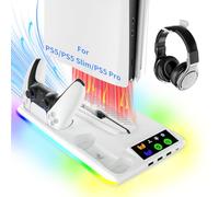 TicEaik Supporto per PS5/PS5 Slim,Caricatore PS5 con 3 x USB 1 x Type-C, Ventole di raffreddamento verticali e stazione di ricarica a doppio dontrolatore,Supporto con illuminazione a LED per console