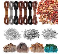 Ticeed Set di Corda di Cuoio Fai da Te, 422 Pezzi Accessori di Decorazione per DIY 7 Cordino PU 80 Piume Artigianali 35 Perline di Legno Rotonde 35 Perline di Legno Lunghe Piccoli e 35 Medio