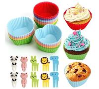 Ticeed Stampi Per Muffin In Silicone, Set Tazza da Forno per Cupcake Pirottini per Muffin Riutilizzabili 48 Stampi Silicone per Torte + 10 Forchetta da Frutta Decorazione Bento, 3 Forme