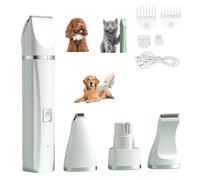 Tickle Paw 4 in 1 Electric Pet Grooming Kit - Hair Trimmer, Quiet Dog Nail Grinder & Paw Trimmer, Rechargeable Low Noise, Precision Trimming, Waterproof, for Cat Dogs Paws Face Ears (White)