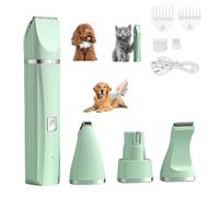 Tickle Paw 4 in 1 Electric Pet Grooming Kit - Hair Trimmer, Quiet Dog Nail Grinder & Paw Trimmer, Rechargeable Low Noise, Precision Trimming, Waterproof, for Cat Dogs Paws Face Ears (Green)