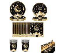 TICKLELY Set di Piatti e Bicchieri per Festa di Ramadan, 60 Pezzi - Piatti 12"x7", Piatti 12"x9", Bicchieri e Tovaglioli in Carta per 12 Persone, Elegante Set Nero e Oro per Eventi e Feste