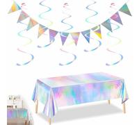 TICKLELY Tovaglia Compleanno Arcobaleno in Foil Laser + Bandierine Triangolari + 12 Pezzi Spirale Colorati + Decorazione Festa Compleanno + 274x137 cm