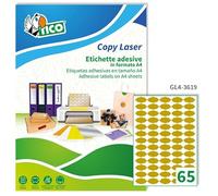 Tico Italia GL4-3619 Etichette adesive carta oro, 100 fogli A4, ovali 36x19mm, 65 etichette per foglio, adesivo permanente, stampanti laser, tipografiche e serigrafiche