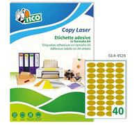 Tico Italia GL4-4526 Etichette adesive carta oro, 100 fogli A4, ovali 45x26mm, 40 etichette per foglio, adesivo permanente, stampanti laser, tipografiche e serigrafiche