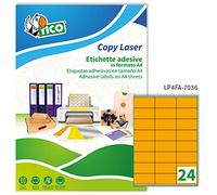 Tico Italia LP4FA-7036 Etichette adesive arancioni fluo, 70 fogli A4, rettangolari 70x36mm, 24 etichette per foglio, adesivo permanente, stampanti laser e inkjet