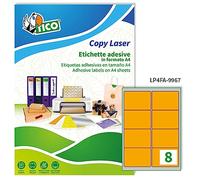 Tico Italia LP4FA-9967 Etichette adesive arancioni fluo, 70 fogli A4, rettangolari 99,1x67,7mm, 8 etichette per foglio, adesivo permanente, stampanti laser e inkjet