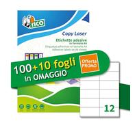 Tico Italia LP4W-10548P Etichette adesive bianche multiuso, 100 + 10 fogli extra, rettangolari 105x48mm, 12 etichette per foglio, adesivo permanente, stampanti laser e inkjet