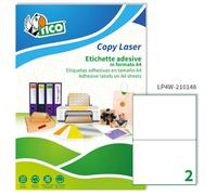 Tico etichette adesive multiuso in carta bianca - adesivo permanente - 210x148mm - 2 etichette per foglio - 100 fogli - stampa laser e inkjet - bianco carta LP4W-210148