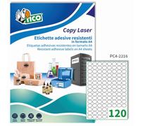Tico Italia PC4-2216Etichette adesive trasparenti in poliestere resistente, 100 fogli A4, ovali 22x16mm, 120 etichette per foglio, adesivo permanente, stampanti laser