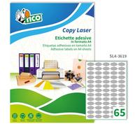 Tico Italia SL4-3619 Etichette adesive carta argento, 100 fogli A4, ovali 36x19mm, 65 etichette per foglio, adesivo permanente, stampanti laser, tipografiche e serigrafiche