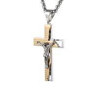 Ticome Collana da uomo in acciaio inox con ciondolo a forma di crocifisso della Bibbia e preghiera, stile hip-hop, punk, bicolore, religioso, battesimo, Pasqua, compleanno, comunione, fede, gioiello