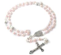 Ticome Rosario con perline cattoliche, collana di perle rosa con croce e medaglia color argento, regalo per battesimo, prima comunione, Pasqua, cresima, preghiera cattolica, accessori per gioielli