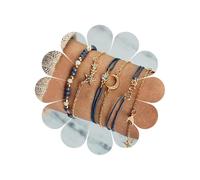Ticome Set di 6 braccialetti con perline grigie con ciondolo a forma di stella e luna, in stile bohémien, regolabili, con ciondolo a forma di stella e luna a cinque punte intrecciate, combinazione di