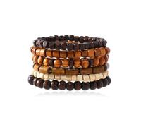 Ticome Set di 6 braccialetti con perline in legno, stile bohémien, commemorativi per le vacanze, da uomo, multistrato, regolabili, elastici, naturali, retrò, meditazione, preghiera, bracciale rigido