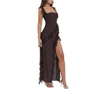 ticticlily Abito Donna Lungo Elegante Sexy Estivo Vestiti da Sera Casuale Vestito Senza Maniche Senza Schienale Abito Aderente Matita con Fessura Ruffle Abiti Lunghi Tinta Unita E Marrone S