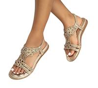 ticticlily Sandali Donna Estive Piatta Perline Scarpe con Elastiche Cinghia Punta Aperta Infradito con Strass Roma Scarpe da Spiaggia G Oro 37 EU