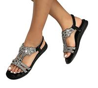 ticticlily Sandali Donna Estive Piatta Perline Scarpe con Elastiche Cinghia Punta Aperta Infradito con Strass Roma Scarpe da Spiaggia G Nero 42 EU