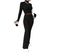 ticticlily Tuta Completo Donna in Maglia Lavorato 2 Pezzi Tops Manica Lunga e Pantaloni Tute Complete Abbigliamento da Casa Casuale Completi Sportivi Yoga Tempo Libero A Nero XS