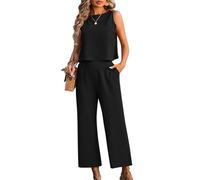 ticticlily Tute Elegante Donna Completo di Lino 2 Pezzi Canotta e Pantaloni Completino Leggero Casuale Tailleur Completa Tinta Unita B Nero M