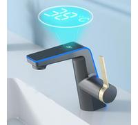 Tidevib Rubinetto per lavabo da bagno in ottone con display digitale, miscelatore per lavabo a cascata, vanità moderna, per impianti in rame e metallo, oro spazzolato