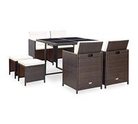 Tidyard Set 9 pz da Pranzo da Giardino per Esterno in Polyrattan Marrone e Vetro,Set Tavolo e Sedie da Giardino in Rattan,Set Tavolo e Sedie da Esterno,Tavolo 109 cm e 4 Sedie 4 Sgabelli da Giardino