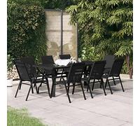 Tidyard Set 9 pz,Tavolo e Sedie da Pranzo,da Giardino per Esterno,in Acciaio e Vetro,Nero,Set Tavolo e Sedie da Giardino,Set Tavolo e Sedie da Esterno,Tavolo Vetro e 8 Sedie da Giardino