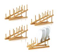 TIE-DailyNec 4 Pezzi Scolapiatti in Legno Porta Piatti in Bambù Salvaspazio, Supporti per Piatti organizzare e Asciugare Tazze, 5 Fessure Scolapiatti da Appoggio per Ciotole, Piatti