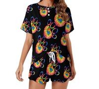 Tie Dye Cat Dog Paw Heart Set Pigiama da donna Camicia a maniche corte e pantaloncini 2 pezzi Loungewear Sleepwear, Stile:, S