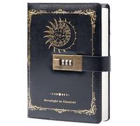 TIEFOSSI Constellation - Diario in pelle con serratura, motivo: luna zodiacale e sole, per scrivere, quaderno B6 con carta a righe, per donne e uomini, colore: nero