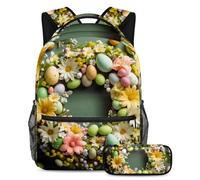 Tieni i tuoi oggetti essenziali in un unico posto, zaino con astuccio, il set di zaini per la scuola definitivo per studenti, ghirlanda verde di buona Pasqua, Multicolore, B:29.4x20x40cm\