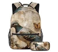 Tieni i tuoi oggetti essenziali in un unico posto, zaino con astuccio, il set di zaini per la scuola definitivo per studenti, motivo piccione vintage, Multicolore#03, B：29.4x20x40cm P：19x7.5x3.8cm,