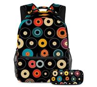 Tieni i tuoi oggetti essenziali in un unico posto, zaino con astuccio, il set di zaini per la scuola definitivo per studenti, motivo dischi neri, Multicolore, B：29.4x20x40cm P：19x7.5x3.8cm, Zaini