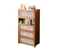 Tier Bookcase with Rattan Cabinet Door Modern Style Tall Bookcase Floor Storage Shelf Multipurpose Cabinet for Living Room Study Bedroom Office Brown-5F 80cm