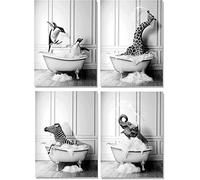 Tier Schwarz Weiß Wand Kunstdrucke, Leinwand Badezimmer Bilder Set Lustig Elefant Zebra Pinguine Giraffe Tier In Der Badewanne Bilder (Lustig tiere, 50X70cm*4pcs - rahmenlos)