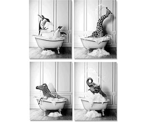 Tier Schwarz Weiß Wand Kunstdrucke, Leinwand Badezimmer Bilder Set Lustig Elefant Zebra Pinguine Giraffe Tier In Der Badewanne Bilder (Lustig tiere, 50X70cm*4pcs - rahmenlos)