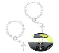 TIESOME 2Pcs auto rosario, specchietto retrovisore auto rosario auto croce di benedizione cattolica auto medaglia per camion bici moto auto specchio appendere accessori decorazione (Bianco)