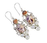 Tiffany Jasper & Rainbow Moonstone Orecchini pendenti in argento 925 Boho Cabochon Pietra preziosa Orecchini pendenti Multicolore Handmade Orecchini lunghi Regalo per le donne Gioielli Artistici