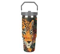 Tiger Botanical Print - Bicchiere da viaggio con cannuccia, in acciaio inox isolato, con manico, a doppia parete, coperchio a prova di perdite, mantiene le bevande calde/fredde per ore