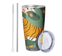Tiger - Confezione da 1 bicchiere bohémien con motivo astratto con animali, foglie, grafico botanico, verde, arancione, in metallo, riutilizzabile, senza fuoriuscite, infrangibile, per esterni, picnic