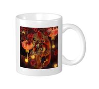 Tiger, confezione da 1 tazza con stampa di animali, lanterna, fiore, foglie di luna, stile cinese, arancione rosso, ceramica, leggera, collezione soggiorno, laboratorio, esterno, ufficio, fondo piatto